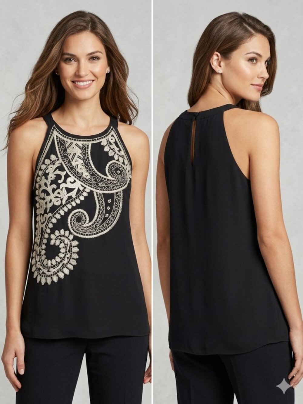 Adrianna Papell Black Halter Tank Top Medium M White Embroidered Beaded Paisley